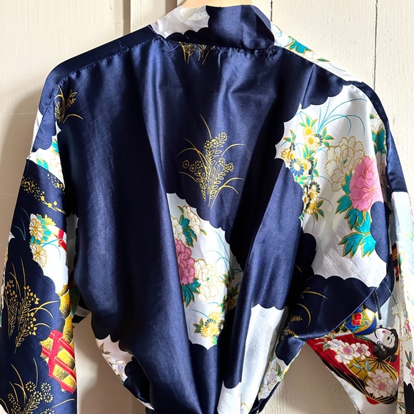 Vintage Robe Long Geisha Kimono Silver Dragon Blue De Oriental Small Medium - Picture 16 of 16